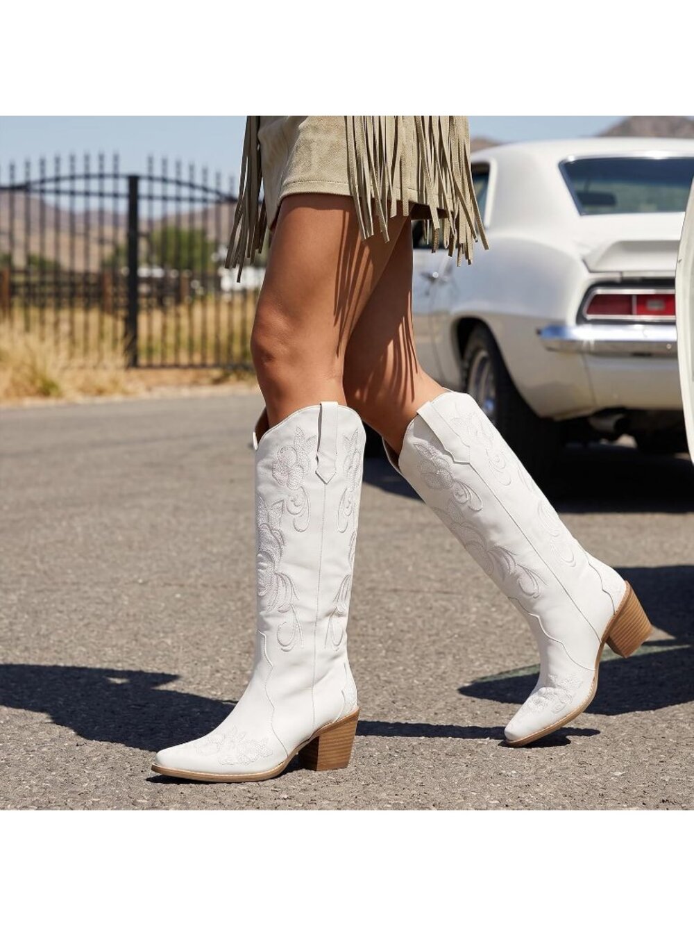 Women White Faux Leather Western Pointed Toe Cowboy Cowgirl Chunky Block Heel - Picture 2 of 7